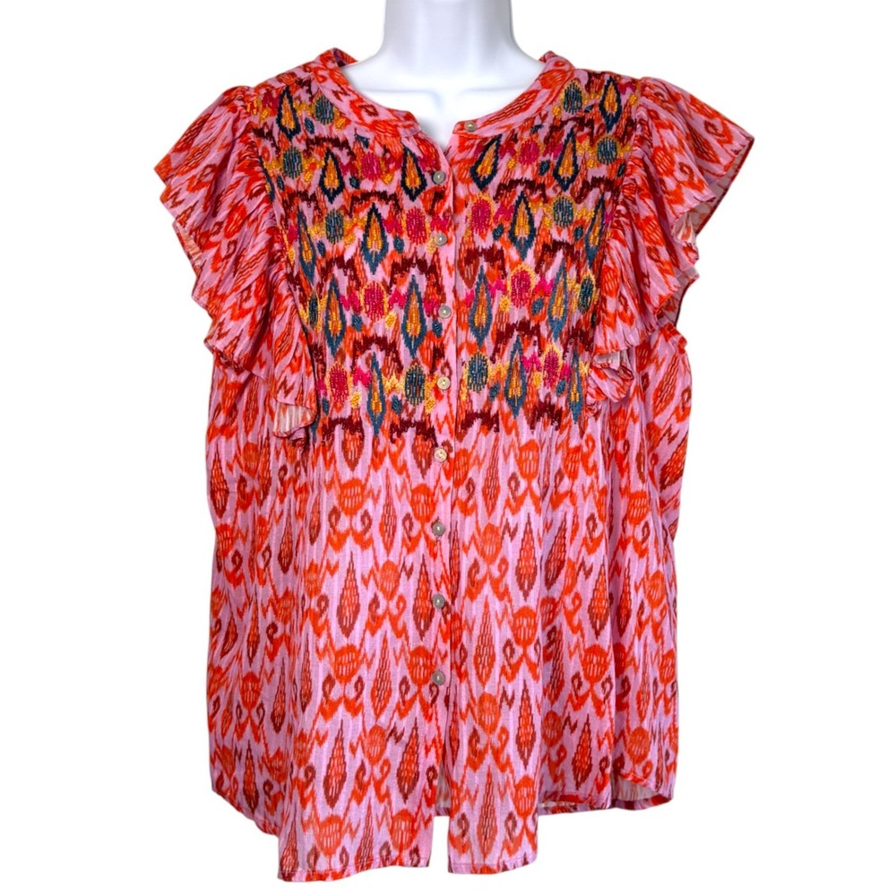 Figue Womens Boho Beaded Flutter Sleeve Button Up Top Size L Flowy‎ Feminine